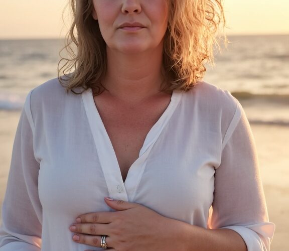 Frau am Meer mit der Hand auf dem Unterbauch – Gebärmutterheilung und weibliche Kraft in Einklang mit der Natur.