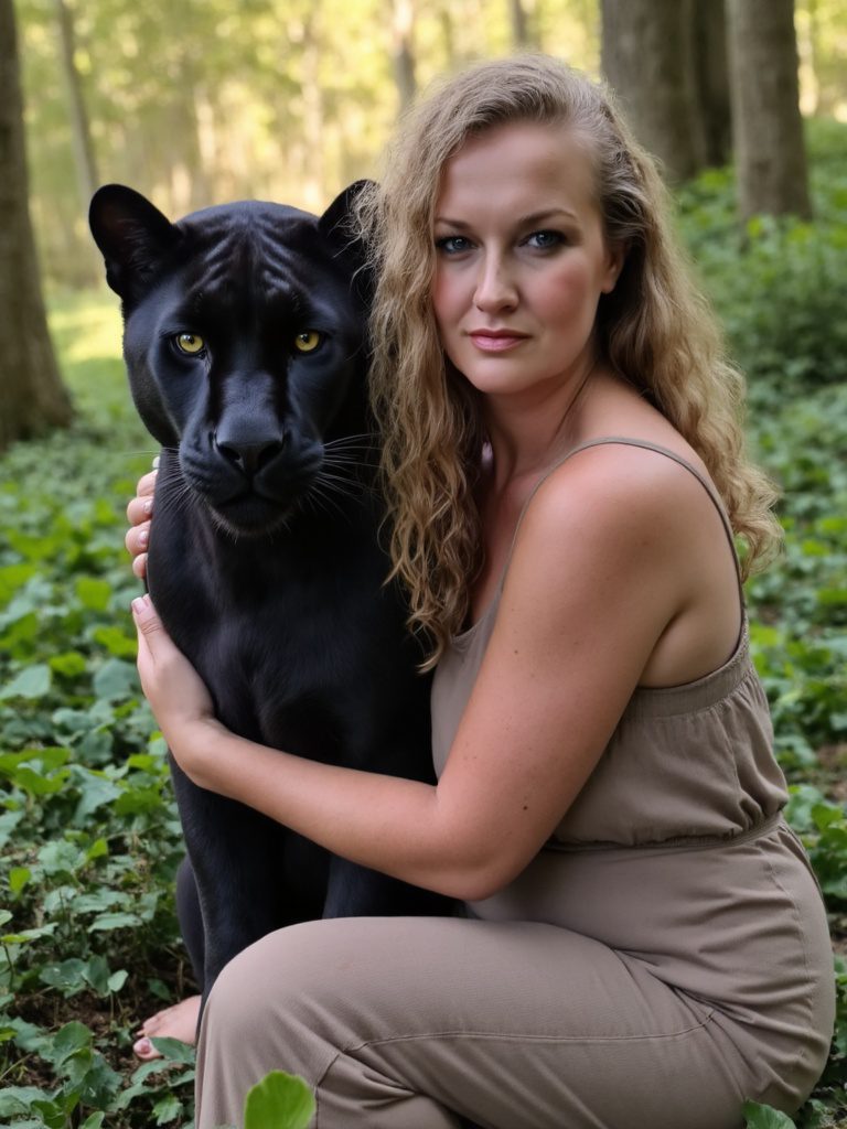 Claudia Mostert mit schwarzem Panther im Wald. Weibliche Urkraft, Schattenarbeit und klare Körperenergie.